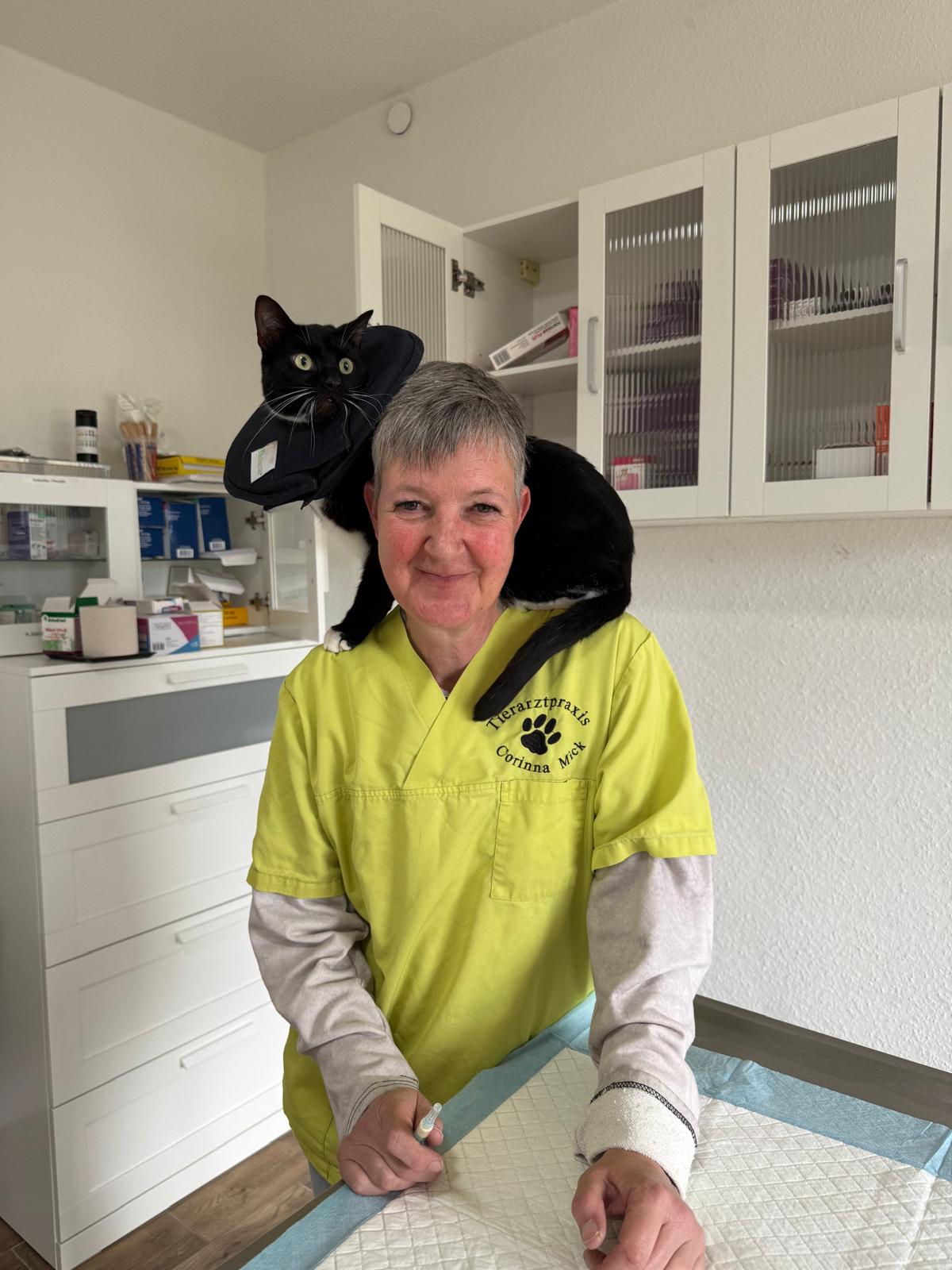 Tierärztin Corinna Mick in der Praxis mit einer Katze auf der Schulter
